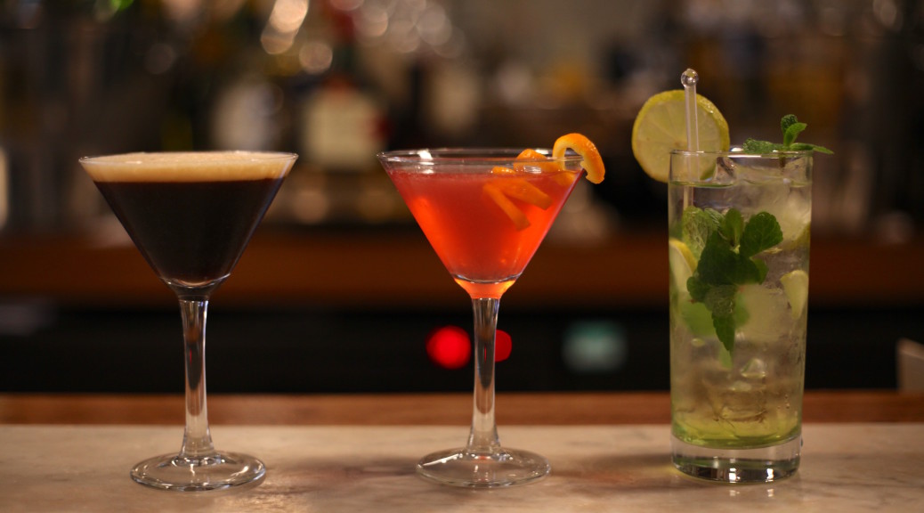 Three cocktails - espresso martini, cosmopolitan and mojito
