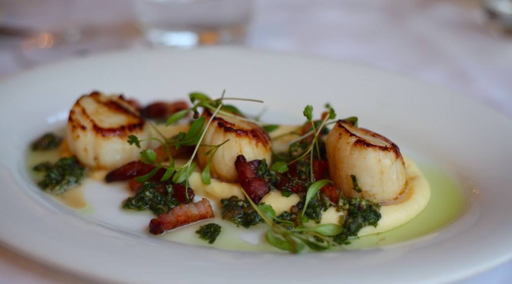 Pan-fried scallops, creamed celeriac, bacon, salsa verde