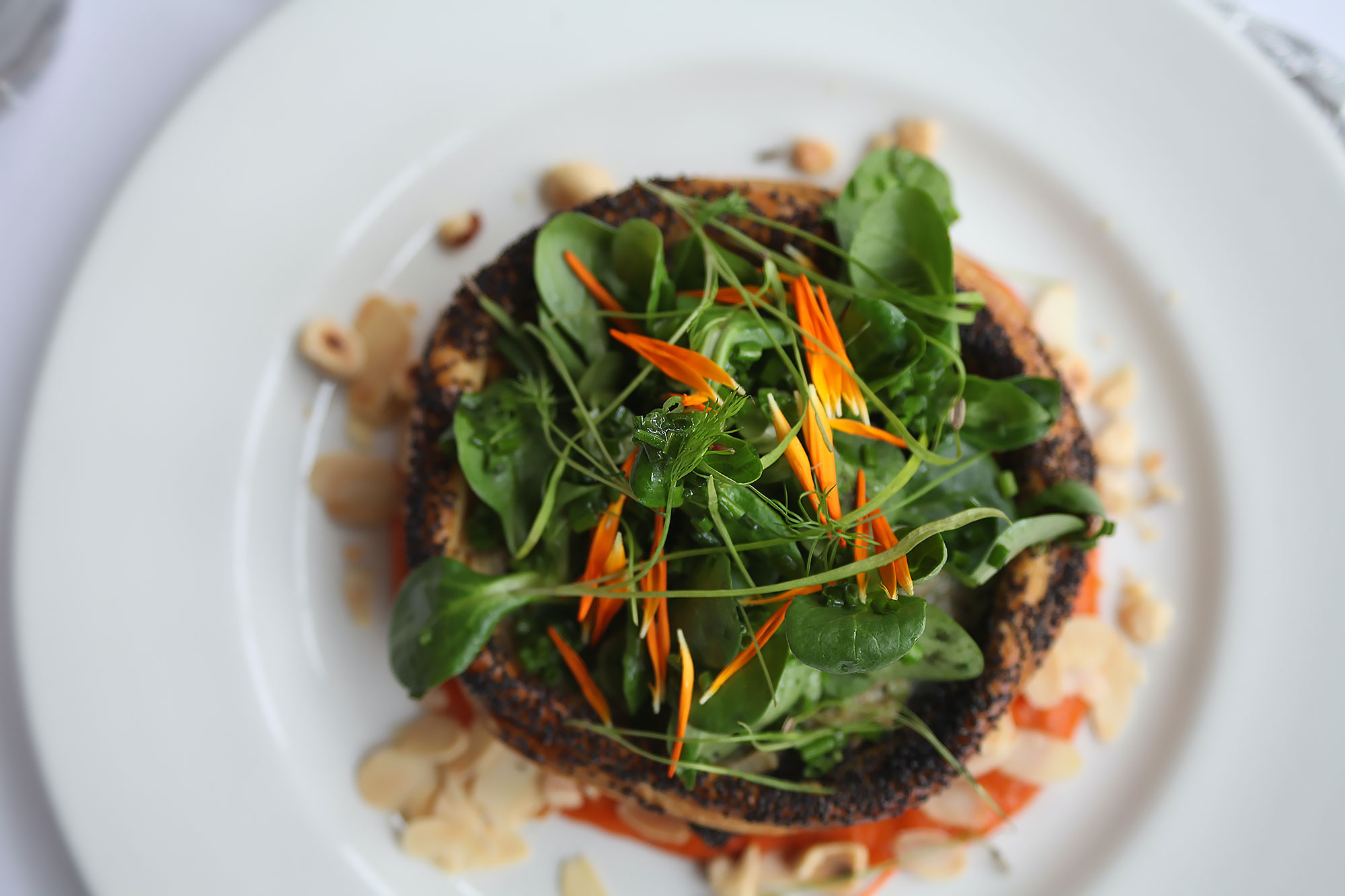 To start: Quiche, puff pastry, aubergine, romesco sauce, lettuce & chive salad.