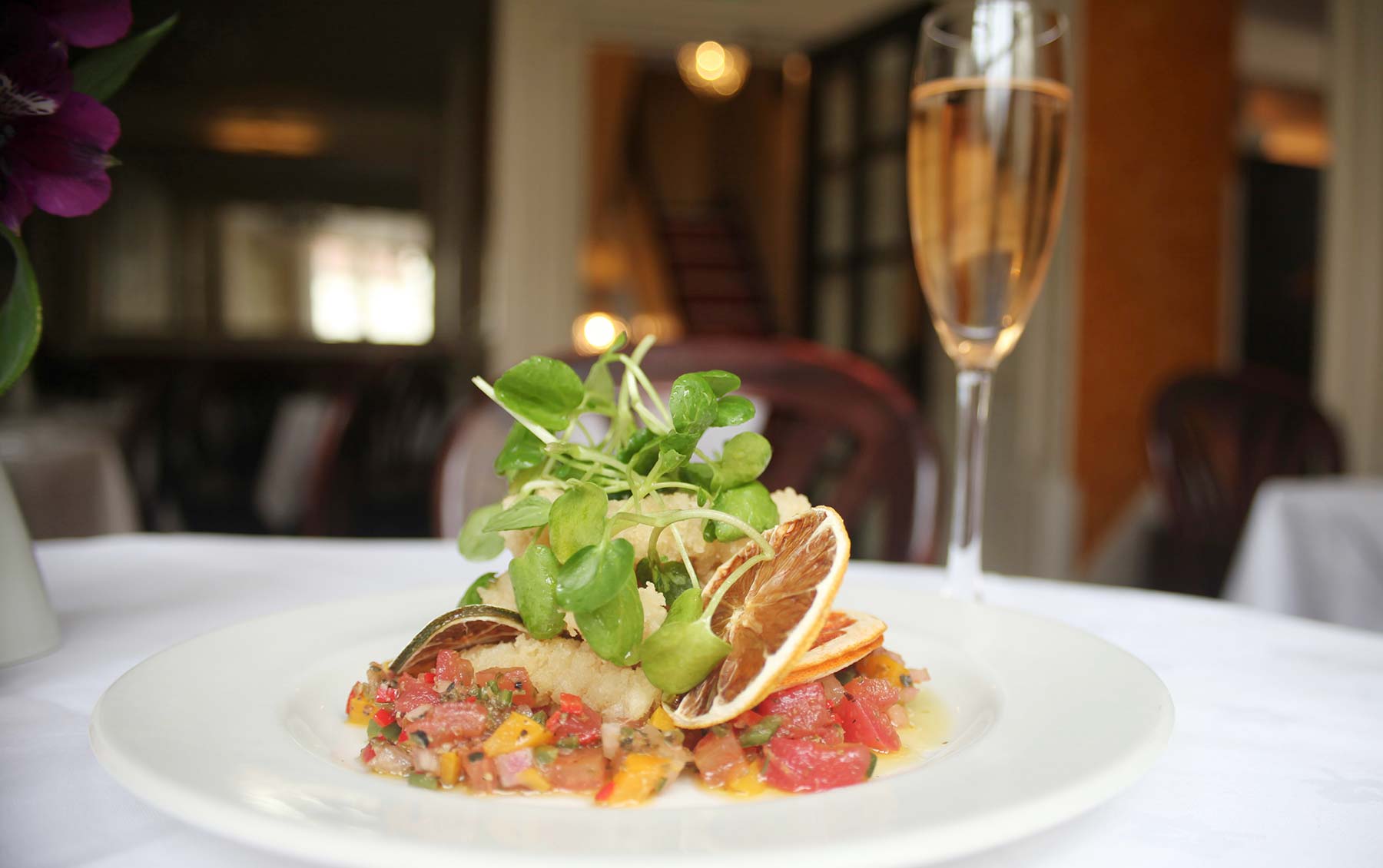 Fried calamari, watercress, spicy & citrusy criolla salsa.